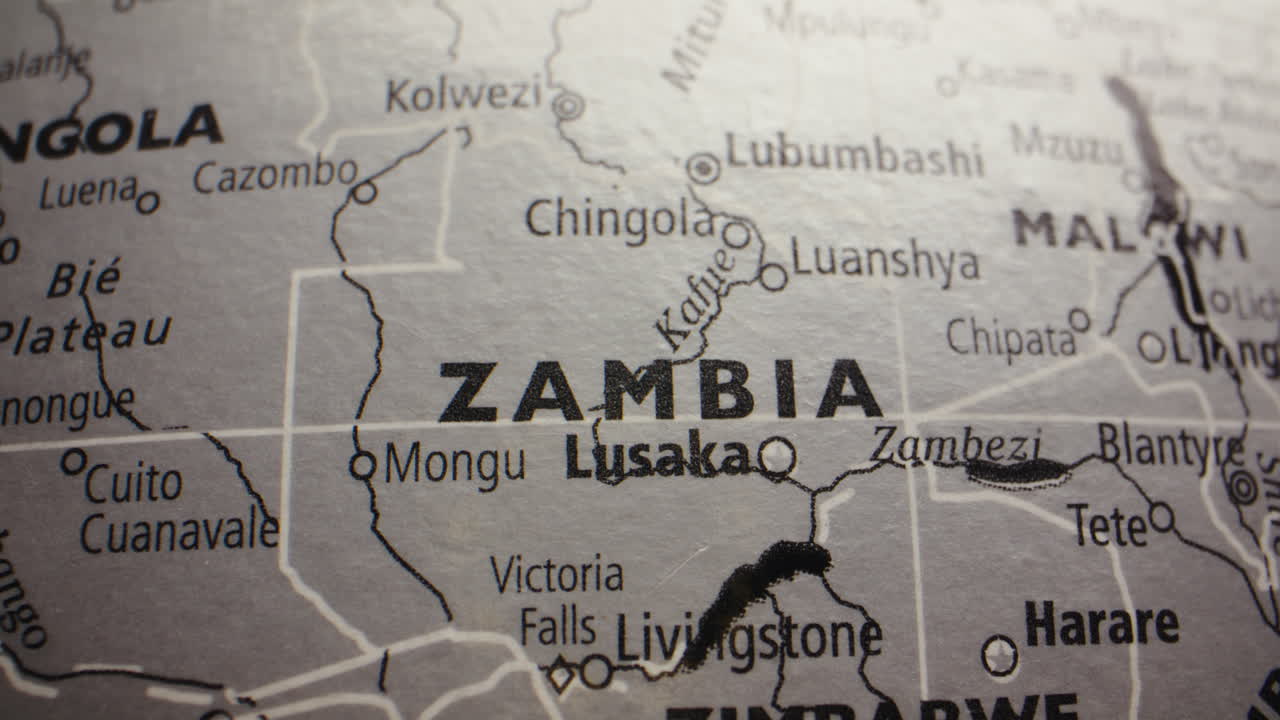 Close-up of a Map of Zambia and Surrounding African Countries