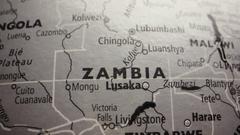 close-up of a map of zambia and surrounding african countries