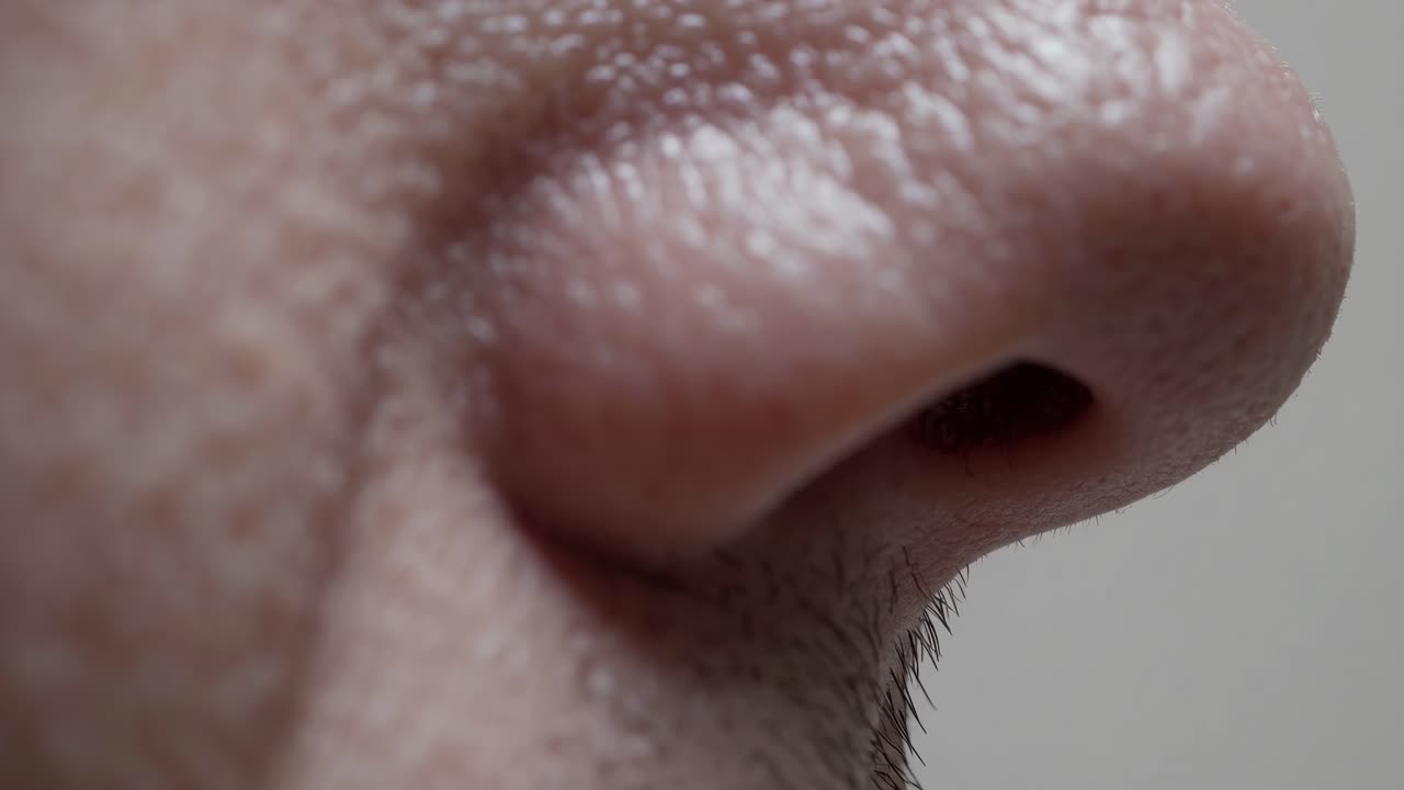 Primo piano video di un naso umano di profilo, che cattura la texture della pelle e i dettagli più fini.
