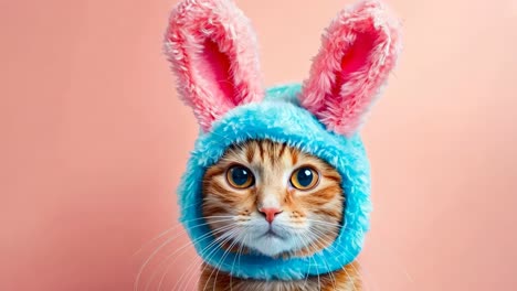 a cat wearing a blue bunny hat on a pink background