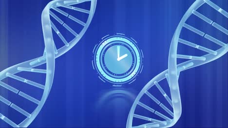 Animation-of-neon-ticking-clock-and-spinning-dna-structures-against-blue-background