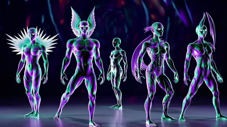 Figure femminili luminescenti al neon in un'ambientazione fantasy