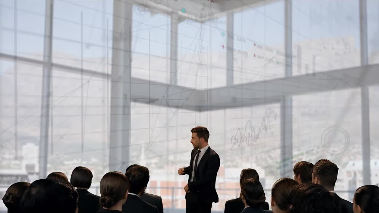 카우카스계 사업가가 도시 풍경에서 다양한 사업가들에게 프레젠테이션을 하는 애니메이션