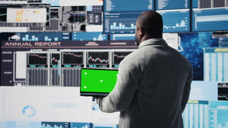 black executive manager studying copy space screen with data insight