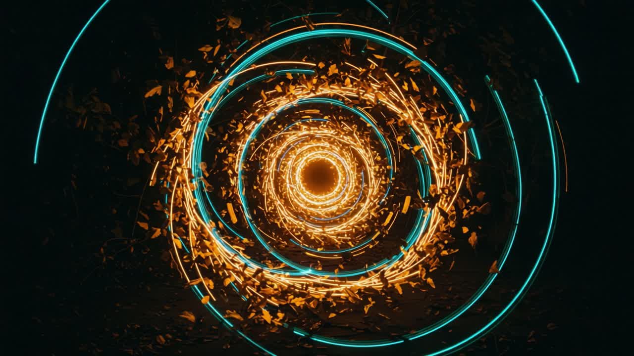 A Mesmerizing Visual Journey Through a Spiral of Glowing Lights and Fragments, Capturing the Dynamic Essence of Energy and Motion