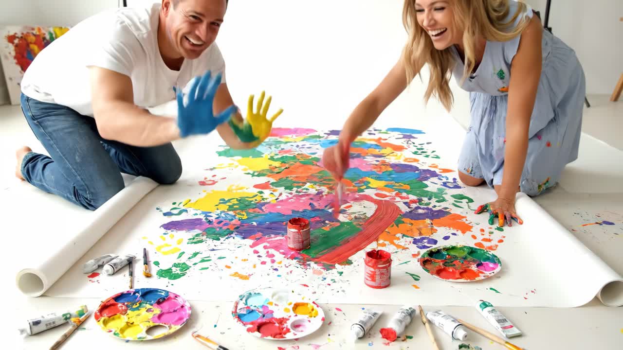 A couple having fun painting a canvas together