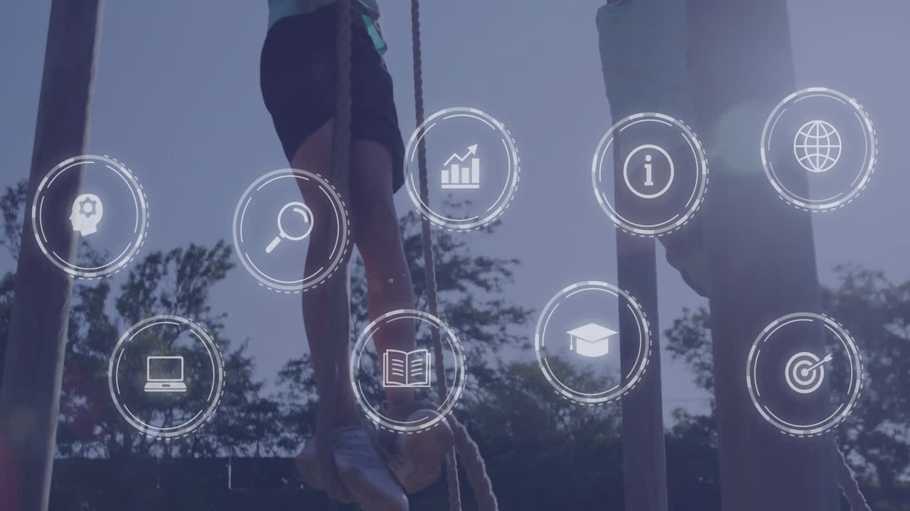 Climbing rope outdoors, person surrounded by digital icons in animation overlay