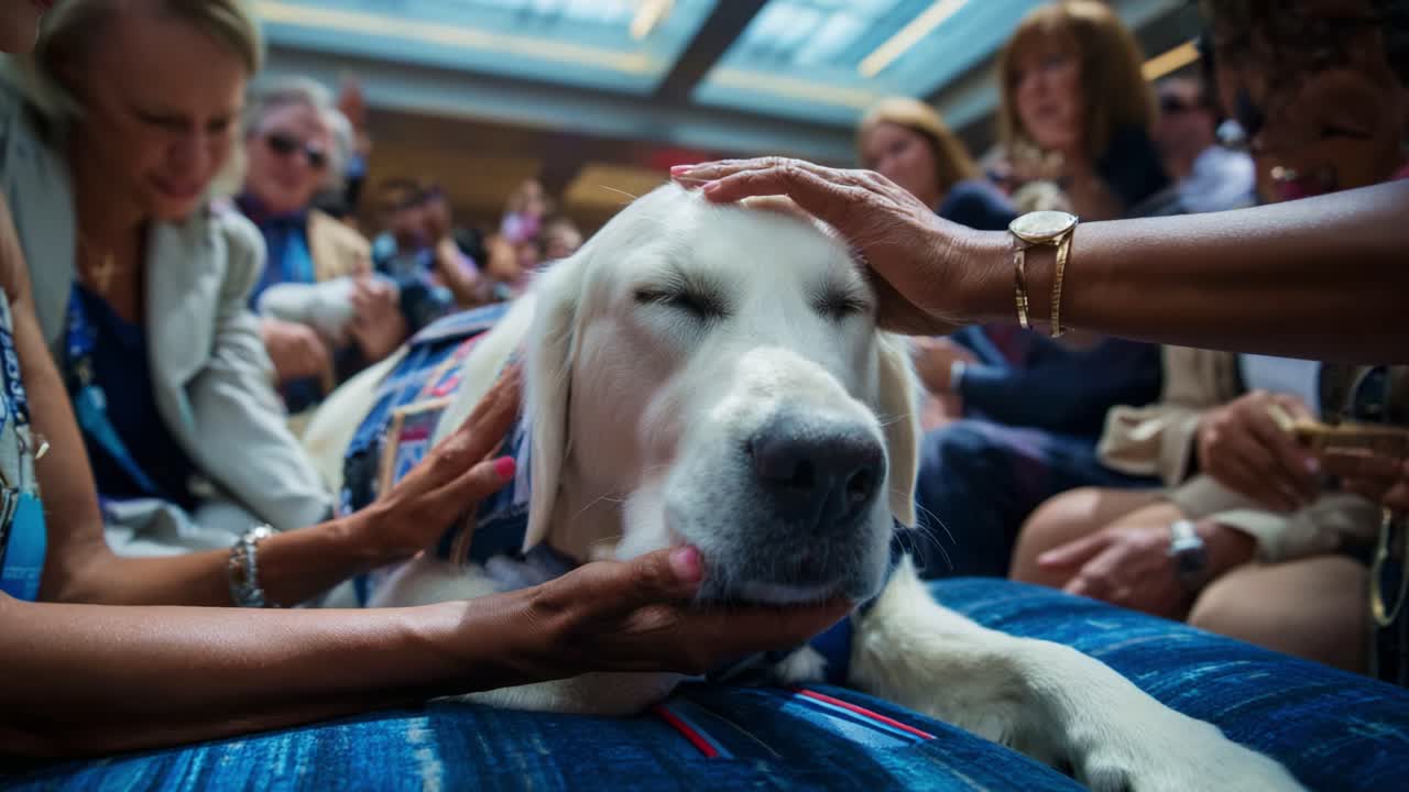 A Heartwarming Scene of a Gentle Dog Receiving Affection and Attention from Caring Individuals in a Crowded Setting, Emphasizing the Power of Compassion and Connection