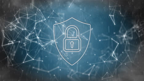 Animation of shapes and padlock in shield over storm