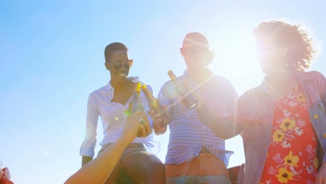 Group-of-friends-toasting-beer-bottles-in-the-beach-4k