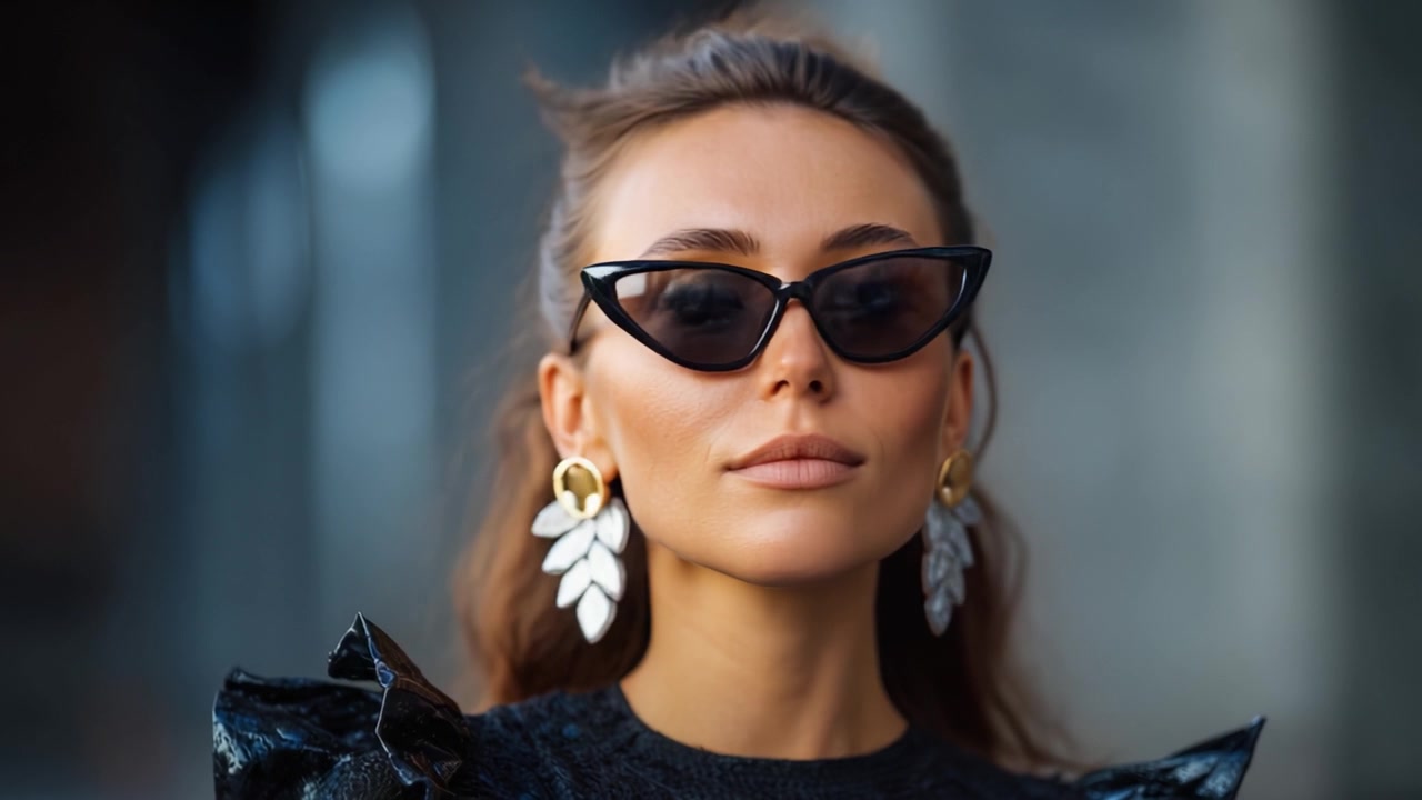 Stilfuld kvinde fremviser dristig mode med cat-eye solbriller og statement-øreringe, udstråler selvtillid og elegance mod en sløret urban baggrund.