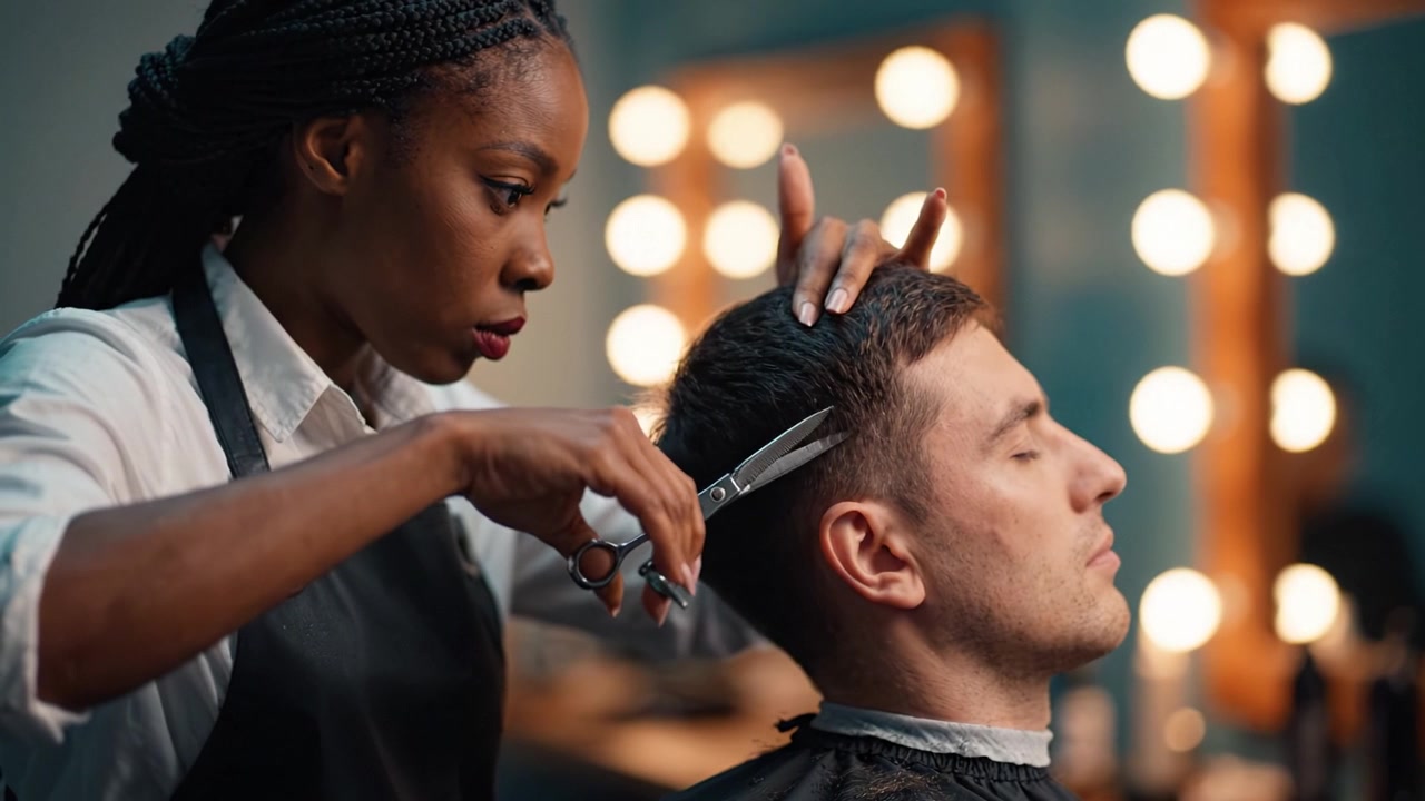 Un abile parrucchiere taglia con cura i capelli di un cliente, evidenziando l'arte e la precisione richieste nella professione di parrucchiere in un luminoso ambiente da salone.