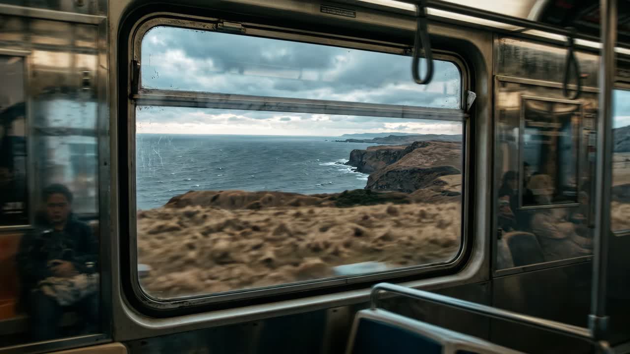 Figure surreali che danzano su scogliere costiere viste dal finestrino di un treno