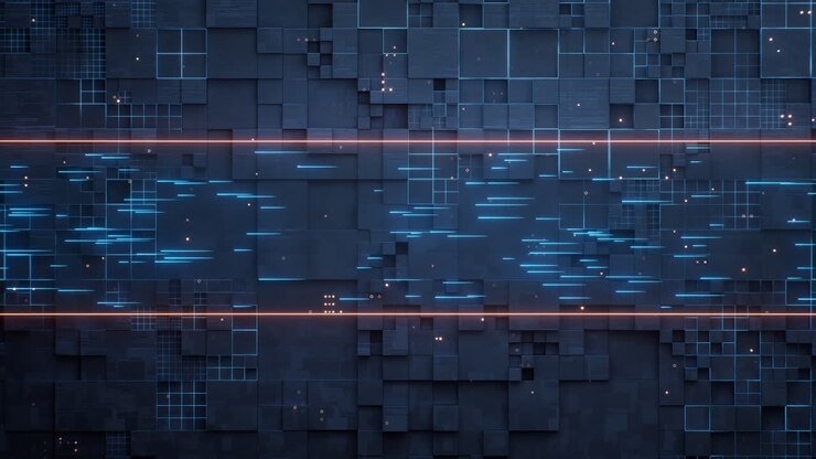 Circuito stampato tecnologico con linee di trasmissione fluide, rendering 3D