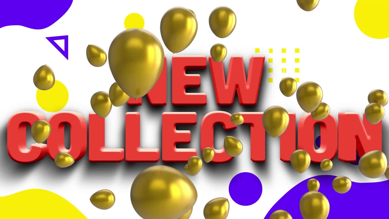 모양 위에 새로운 컬렉션 텍스트와 풍선의 애니메이션