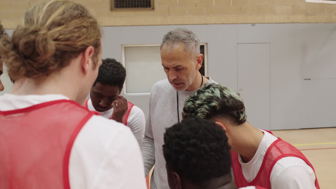 Basketball team meeting with coach