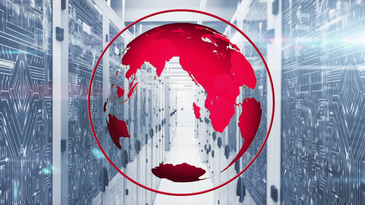 서버 에 대한 회전하는 지구, 조명 점 및 마이크로 프로세서 연결의 애니메이션