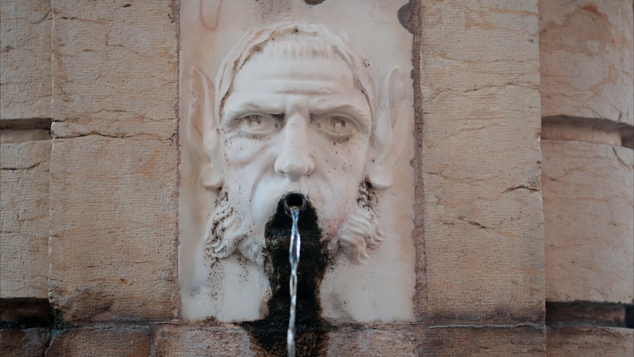 Antibes, France - October 1, 2024: Close up of water pouring from the Fountain d'Aguillon