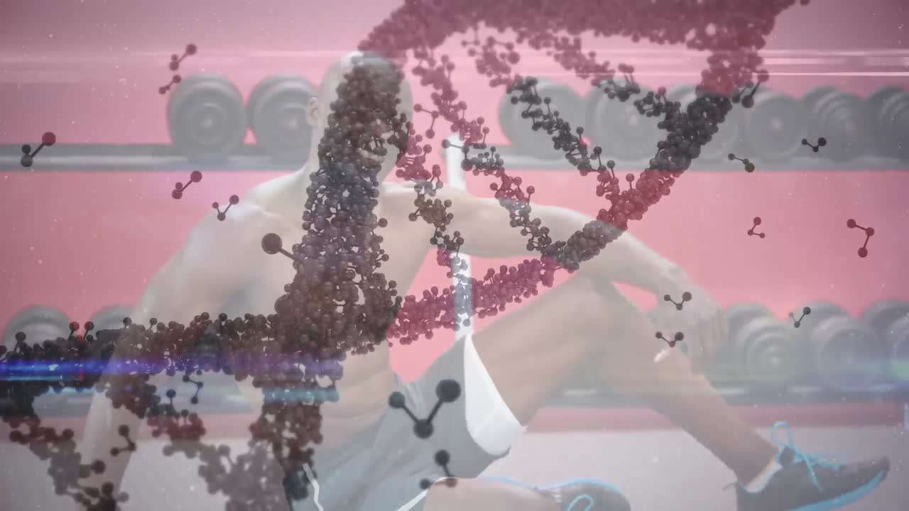 근육을 가진 남자가 운동하는 dna 가닥의 애니메이션