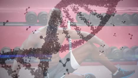 animación de una cadena de adn sobre un hombre musculoso haciendo ejercicio
