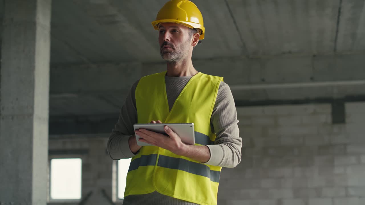 ingeniero caucásico de pie y navegando tableta digital en el sitio de construcción.