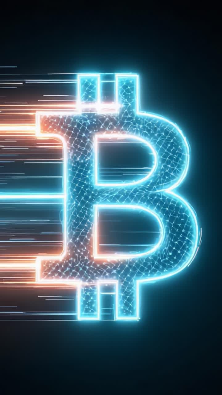 Visualização dinâmica do símbolo de criptomoeda: um logo neon do Bitcoin em movimento chamativo, representando a velocidade e a inovação das finanças digitais