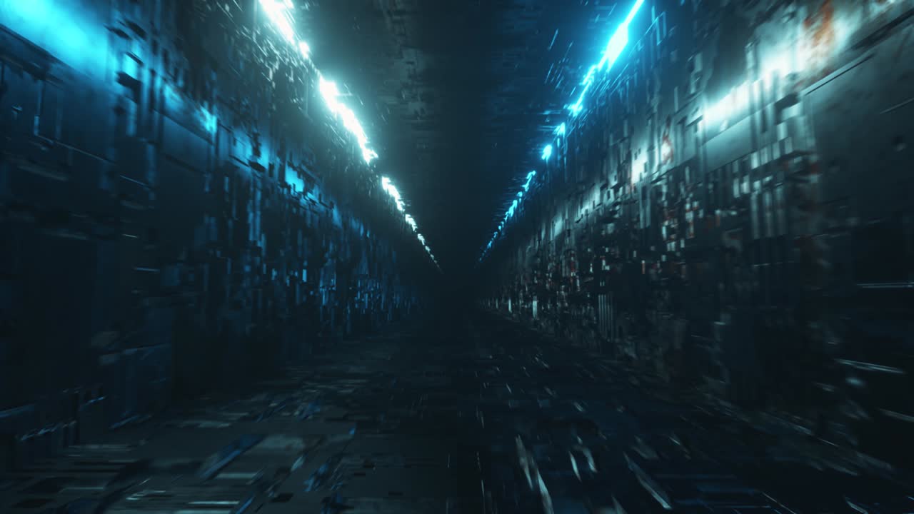 Endless flight in a futuristic metal corridor with neon lighting. Technology and future concept. Seamless loop 3d render. Modern blue light spectrum