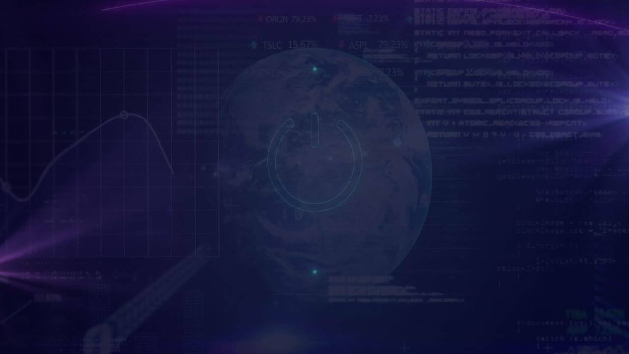 Animation of off button and globe over data processing and stock market