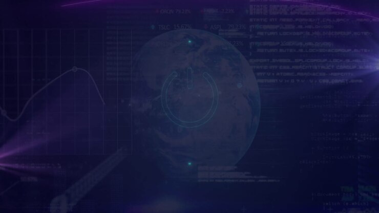 Animation of off button and globe over data processing and stock market