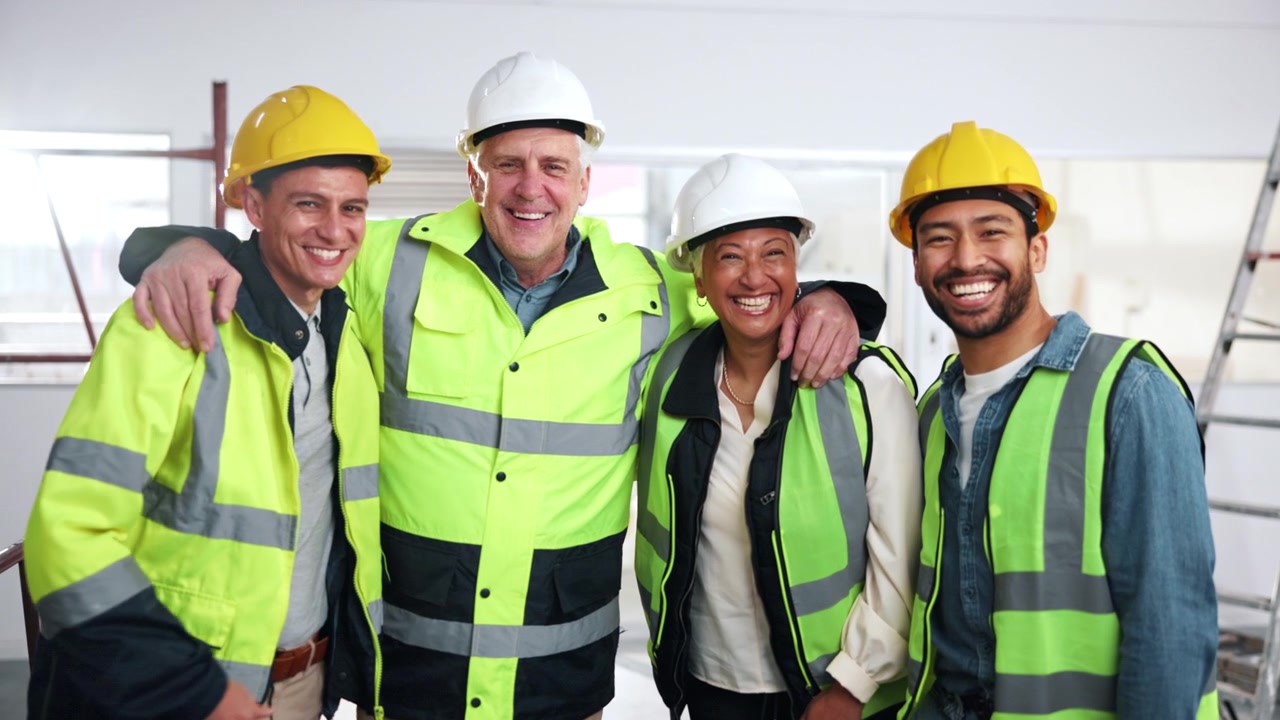 Diverse Group of Construction Workers Smiling Together on Site