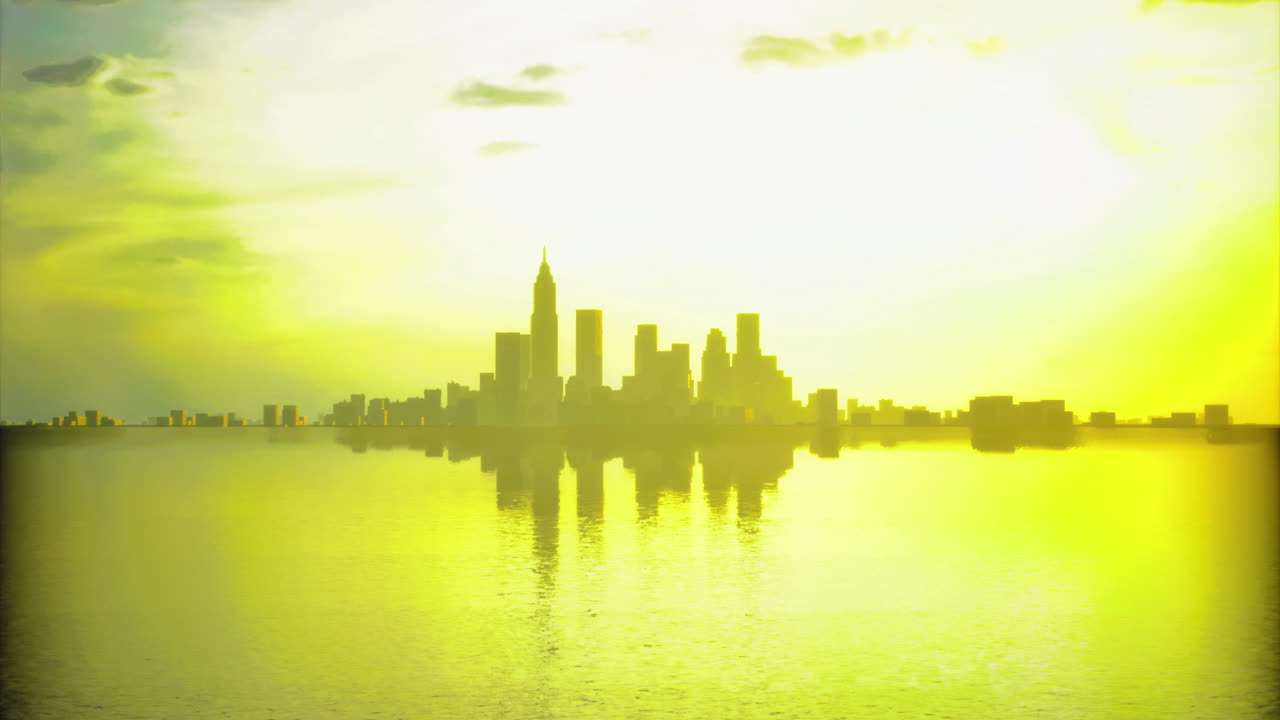 Sunset reflection over city skyline illuminating the water surface