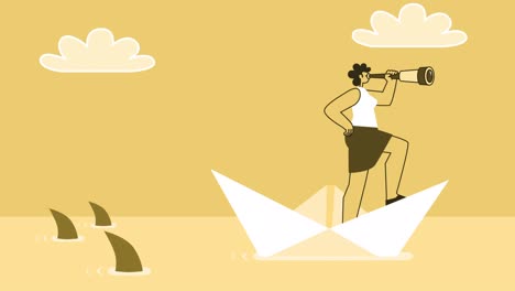 yellow style woman flat character sailing on paper ship chased by sharks. isolated loop animation