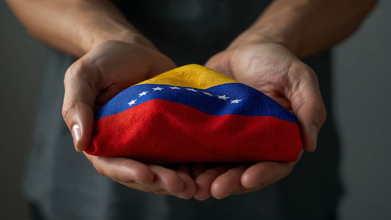 Manos ahuecadas alisando una tela tricolor doblada con estrellas después de un pliegue en una manga gris de estudio