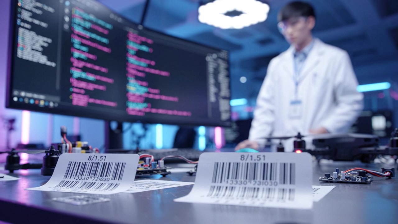 Technician Analyzes Barcode-Labeled Electronics in a Modern Lab Environment, Focusing on Advanced Equipment and Software for Data Processing and Development