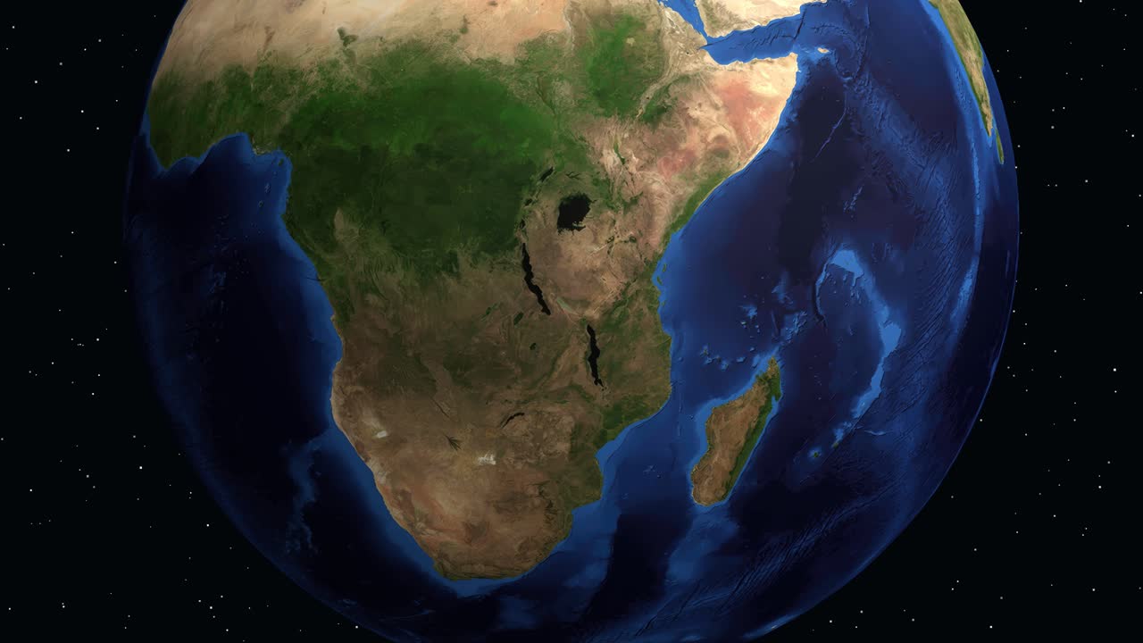 Globo digitale che ruota e zooma dallo spazio su Benguela, Angola, con sovrapposizione di dati e indicatore