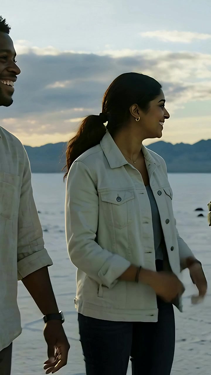 Vertical video: Walking Indian woman talking to friends on salt flat at sunset wearing denim jacket