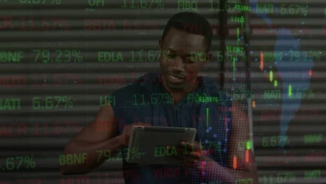 Animation-of-financial-data-processing-and-world-map-over-african-american-man-using-tablet