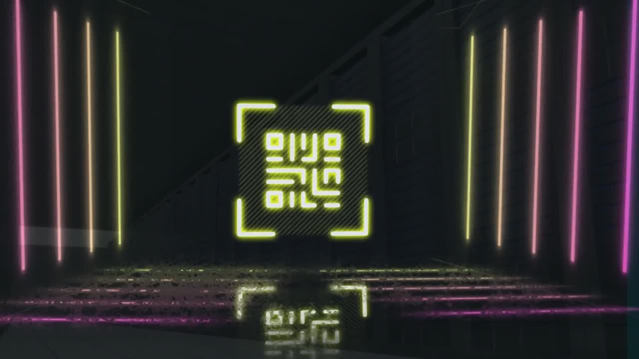 animación de código qr de neón y líneas que se mueven en el espacio digital negro