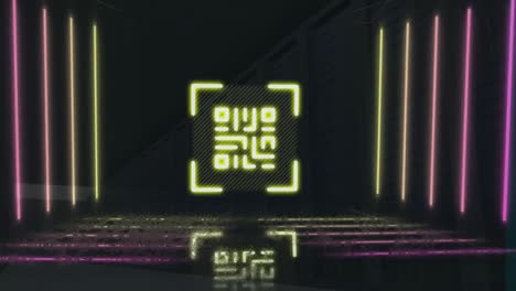 Animation-of-neon-qr-code-and-lines-moving-in-black-digital-space