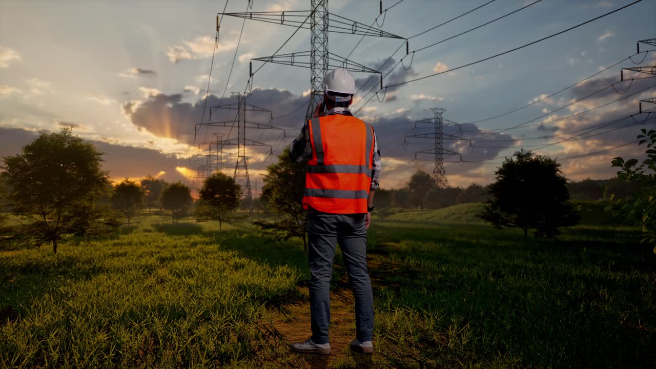 Engineer in Safety Vest Talking on Phone Near Power Lines at Sunset