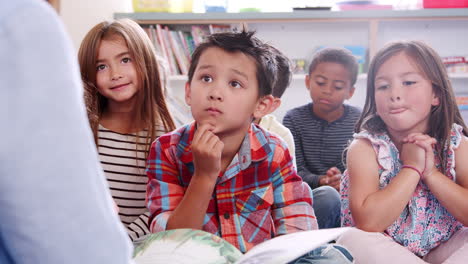 elementary school kids listening to teacher reading a story