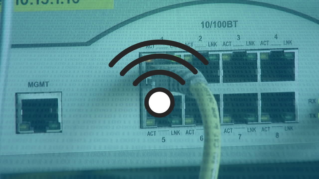 video compuesto digital del símbolo wifi contra el primer plano del servidor de computadora