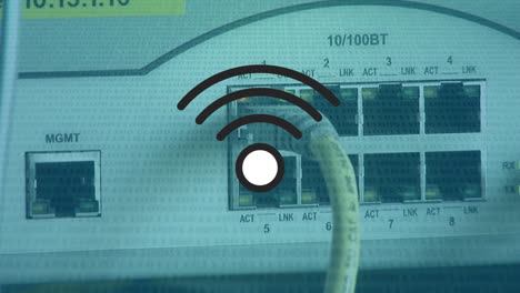 digital composite video of wifi symbol against close up of computer server