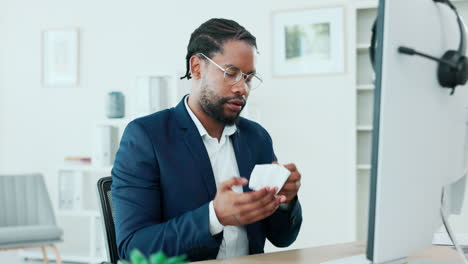 computer, covid and blowing nose with a business