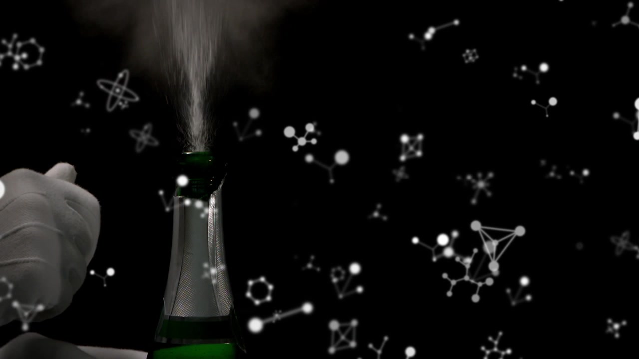 Person in White Gloves Opening Champagne Bottle with Digital Molecular Graphics