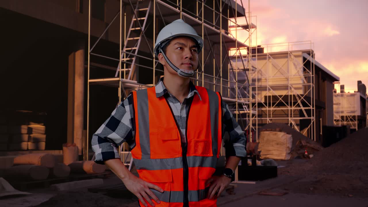 Asian Construction Worker in Hard Hat and Safety Vest at Sunset