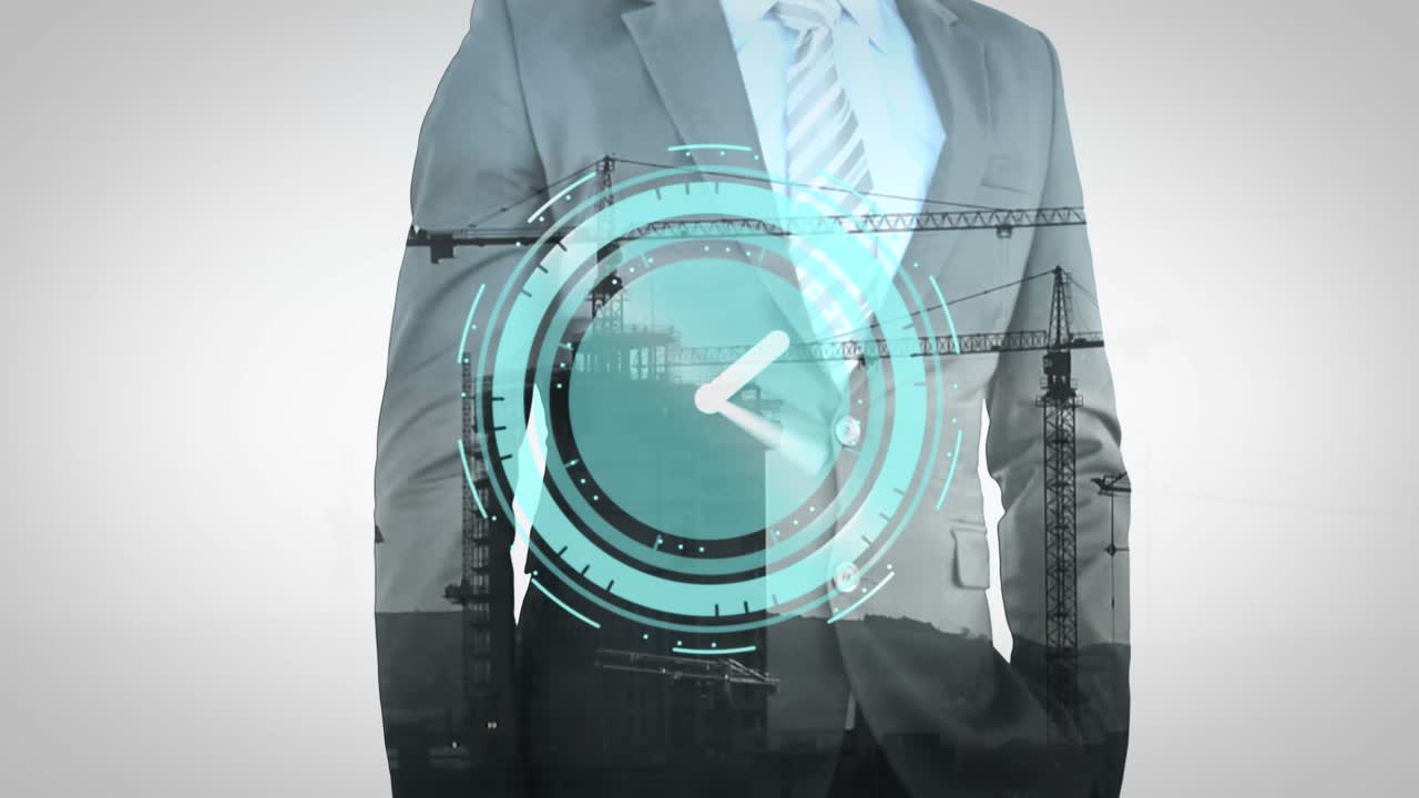 Animation of neon ticking clock over mid section of businessman touching futuristic screen
