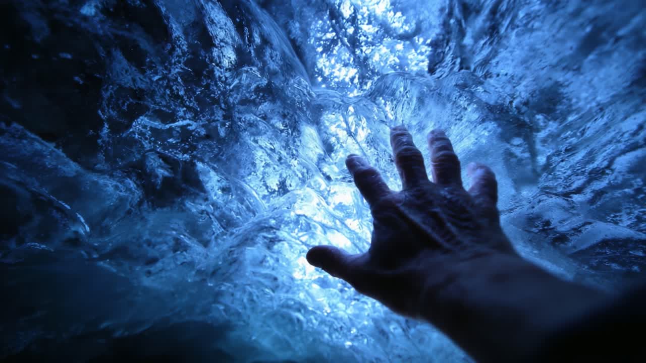 An Intriguing Exploration of Frozen Elements: A Hand Reaching Towards the Enigmatic Blue Ice Formation, Capturing the Essence of Nature’s Beauty and the Connection Between Human Endeavors and Natural Wonders