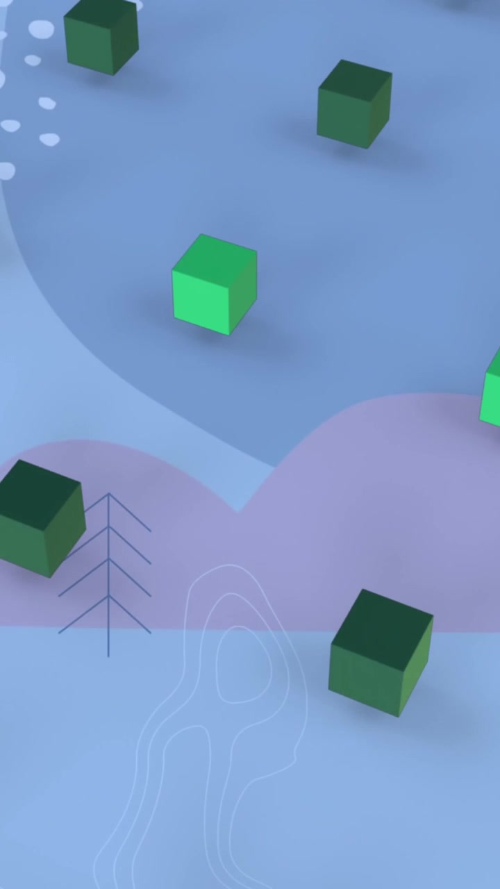 Animazione di icone di cubi 3D verdi in un motivo senza soluzione di continuità su icone di alberi di Natale su sfondo blu