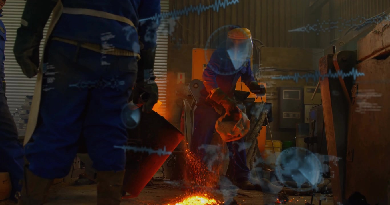 Male metalworkers pouring glowing molten metal in industrial workshop, with floating data overlays